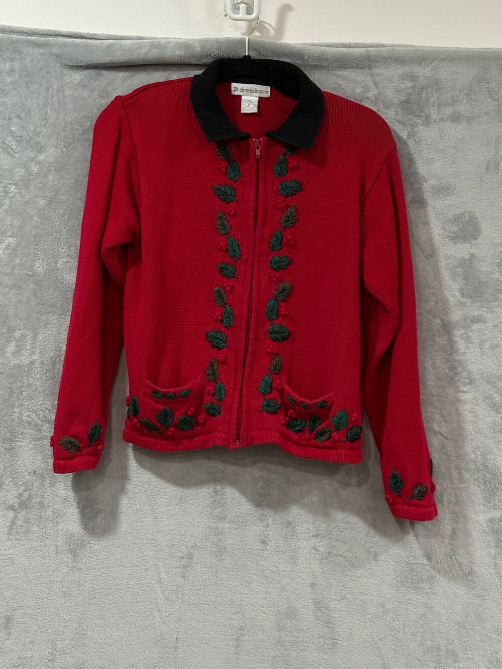 Vintage Christmas Holly Cardigan Red Black Embroidered Full Zip Women’s M Art